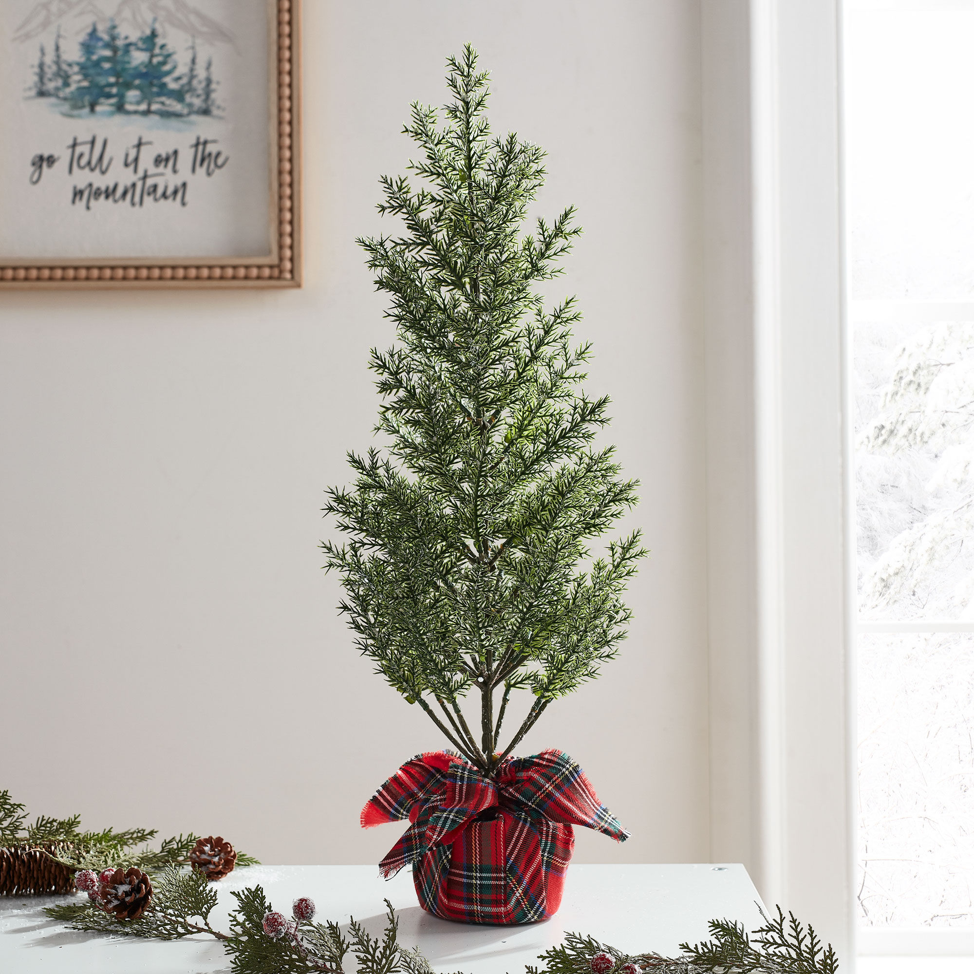 Holiday Time Plaid Wrapped Pine Tree Tabletop Christmas Decoration, 24"