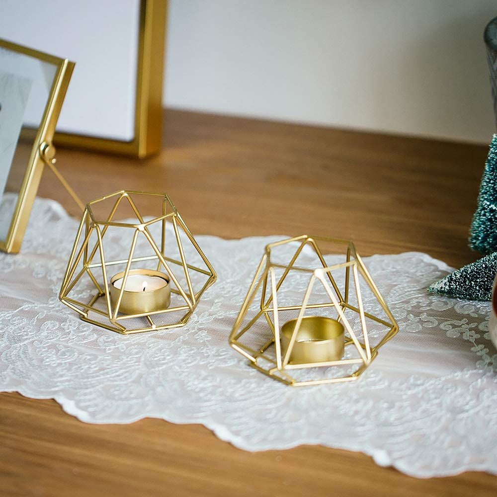 Nuptio 2 Pcs Gold Geometric Candle Holder Metal Hexagon Shaped Tea Light Votive