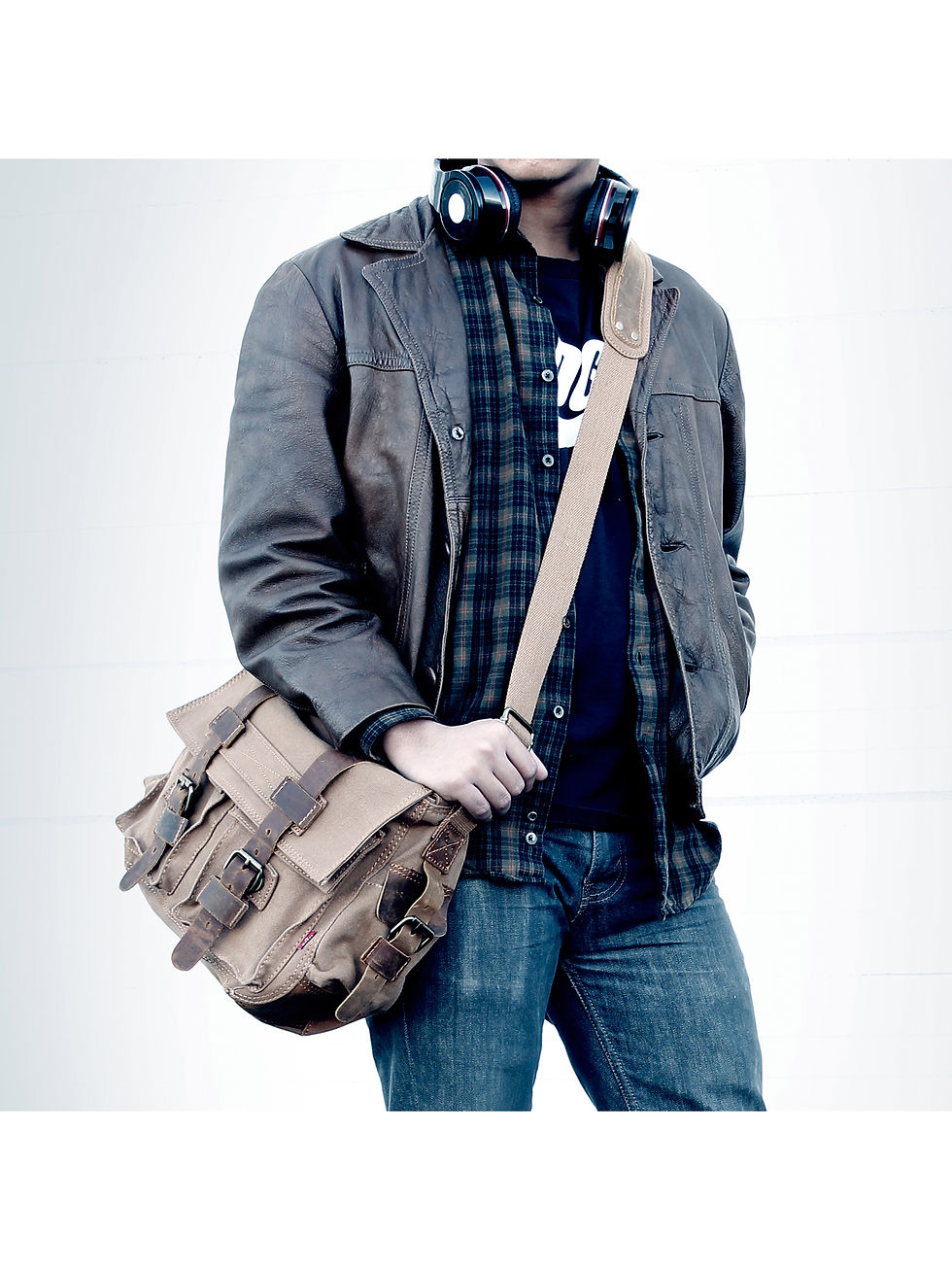 Thumbnail: Men's Vintage Canvas and Leather Satchel School Military Shoulder Bag Messenger