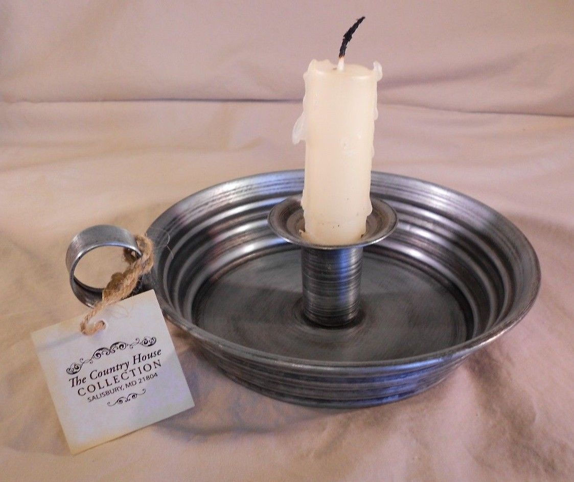 Ol' Tin Chamber Stick Vintage Style Taper Bedside Candle Holder, 6.5" x 2"