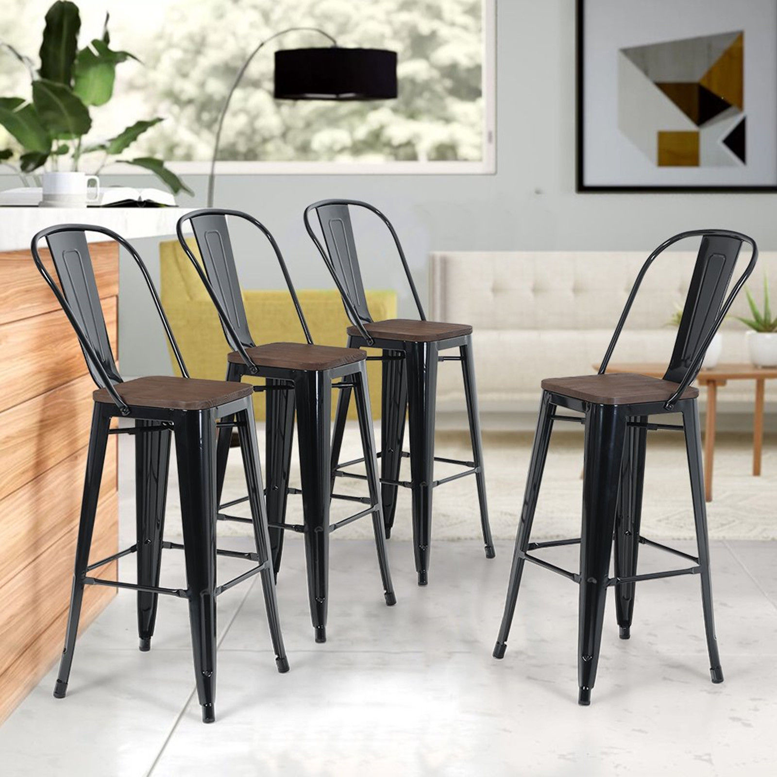 MF Studio Vintage Set of 4 Industrial Styled Bar Stools, Metal Indoor Outdoor D