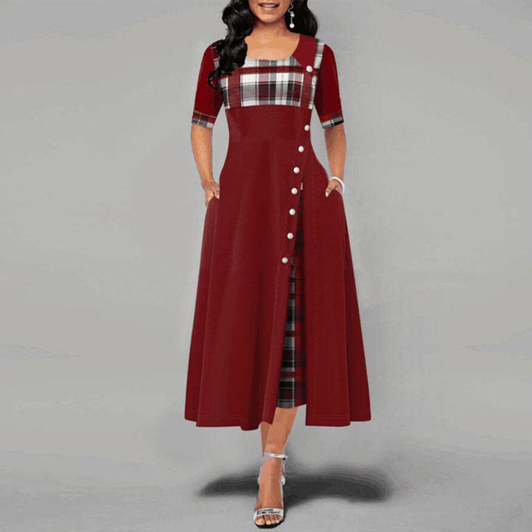 Thumbnail: Women Vintage Casual Plaid Print Button Fashion Half Sleeve Dresses