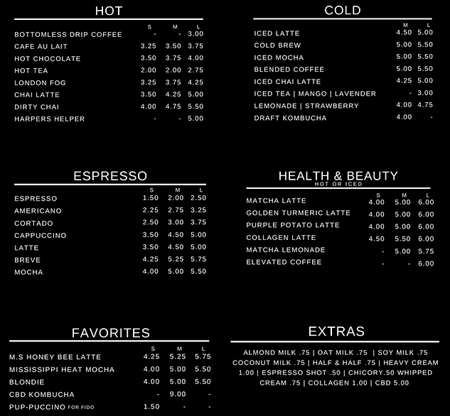 Mockingbird Cafe Menu, Coffee menu