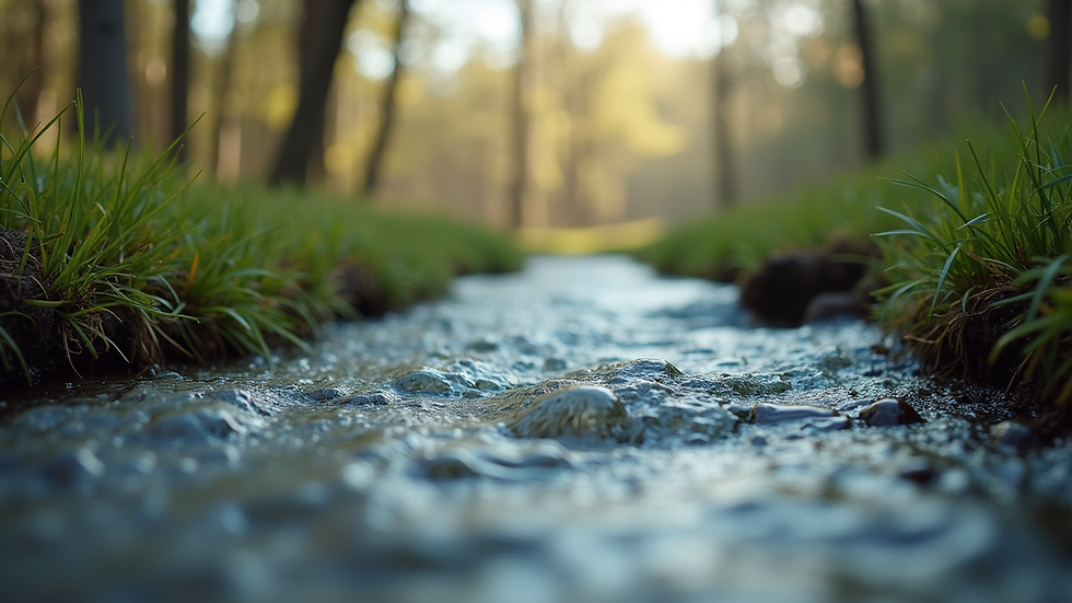 Eye-level view of a serene nature landscape with flowing water