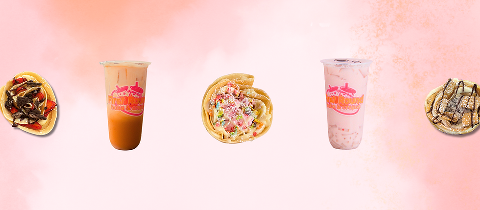 Assortment of Japanese crepes and boba drinks including Thai milk tea, rose milk tea, Fruity Pebbles crepe, Strawberry Oreo crepe, and Campfire crepe from First Round Boba & Crepes in Salem, Oregon.