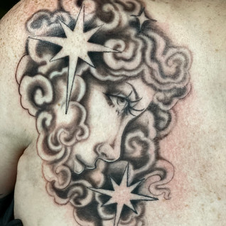 celestial lady face, mythology tattoo, black and grey tattoo, denver tattoo artist, Colorado tattoo artist, female tattoo artist
