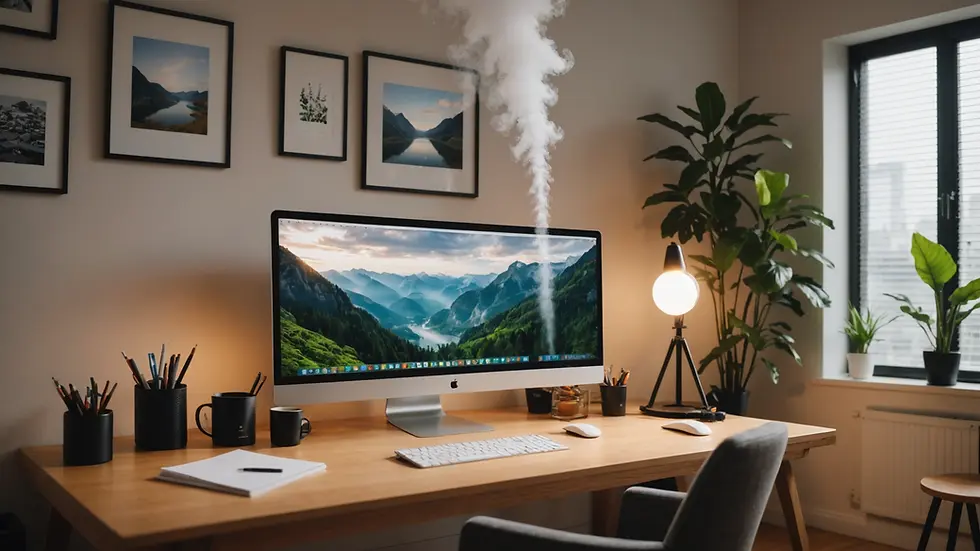 Wide angle view of home office with humidifier