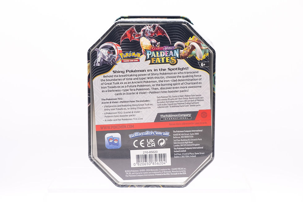 Paldean Fates Tin (Iron Treads - 4 packs) - Scarlet&Violet - Pokémon TCG - seen from the back toploaded.co.uk