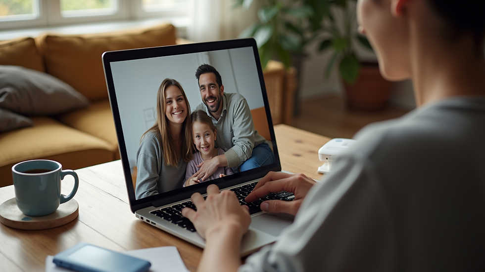 High angle view of a laptop displaying a video call with family members