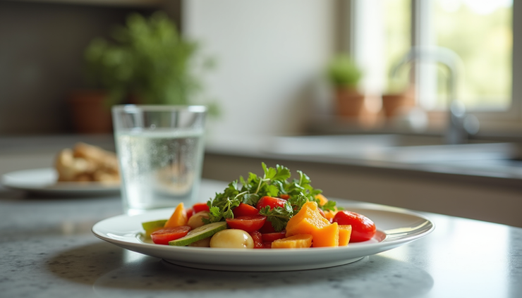 Close-up view of a kitchen counter with a colorful plate of nutritious food and a glass of water