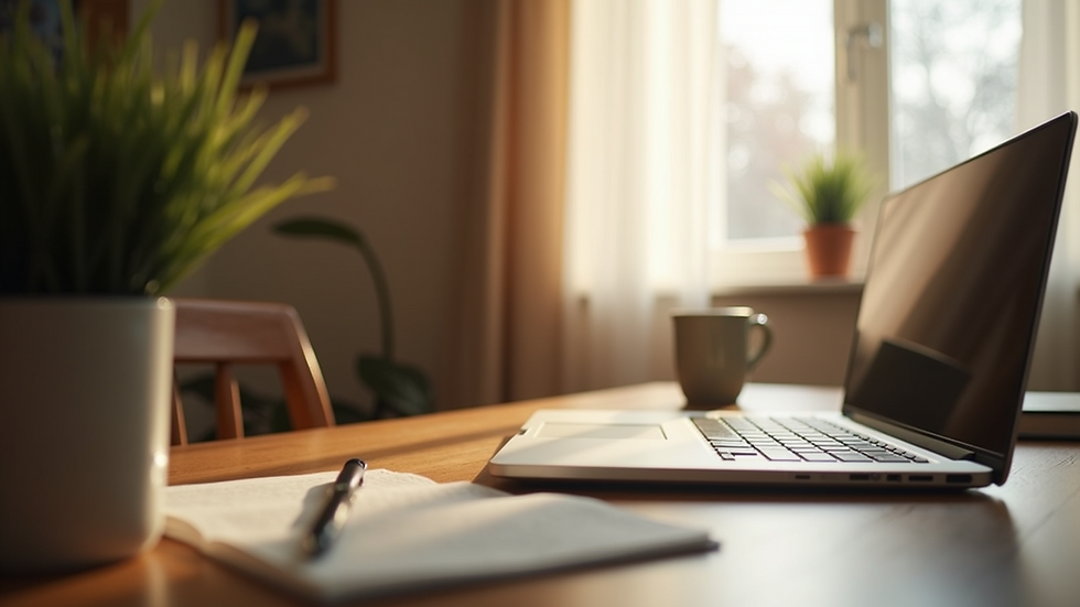 Close-up view of a cozy home office with soft lighting