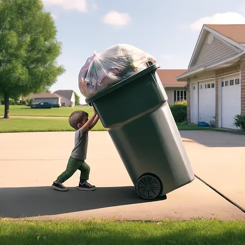 DALL·E 2024-04-26 07.49.52 - A scene depicting a child taking out a large garbage can. The