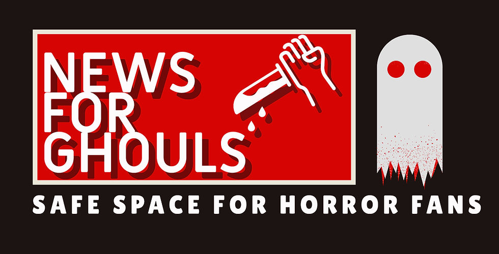 News For Ghouls Logo that pictures a white and red ghost and an outline of a hand holding a weapon dripping with blood.