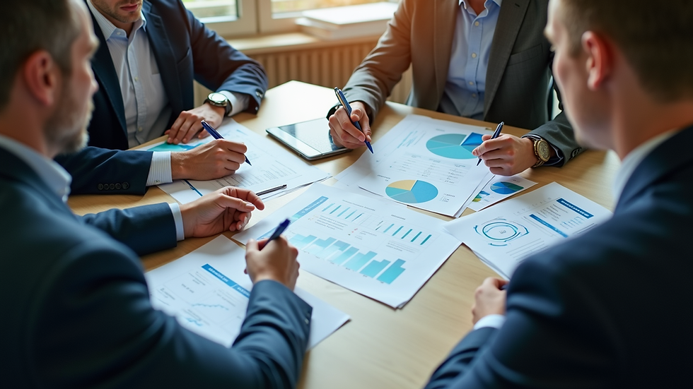 High angle view of a business meeting discussing financial reports