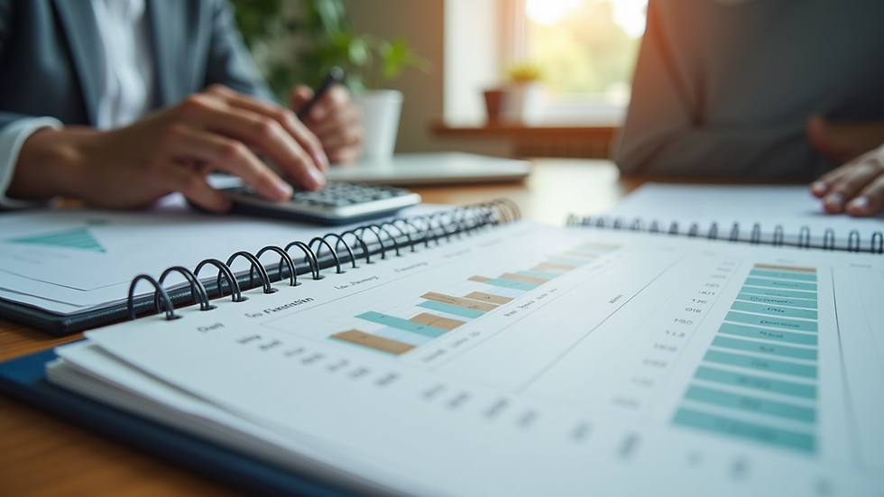 Eye-level view of a desk with a financial planner and calculator