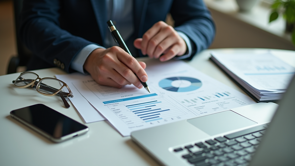 High angle view of a person reviewing financial plans with a laptop and documents