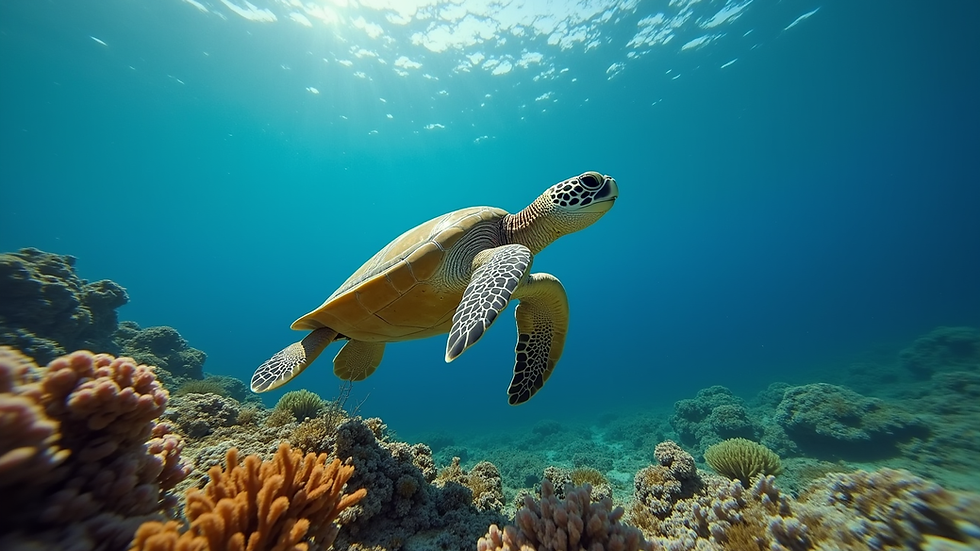Eye-level view of a sea turtle swimming near coral reef in Okinawa