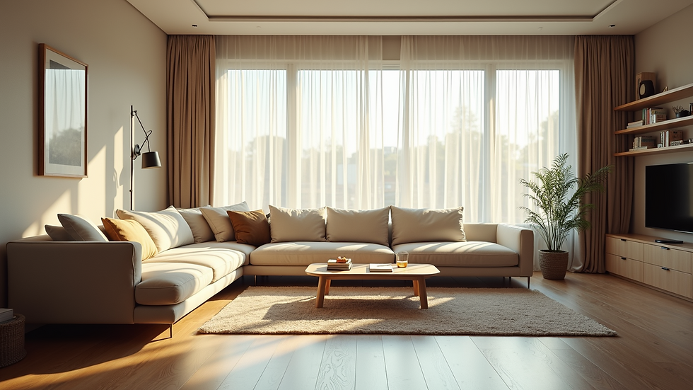 Eye-level view of a spacious living room with natural light