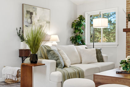 Staged living room with built-in shelving