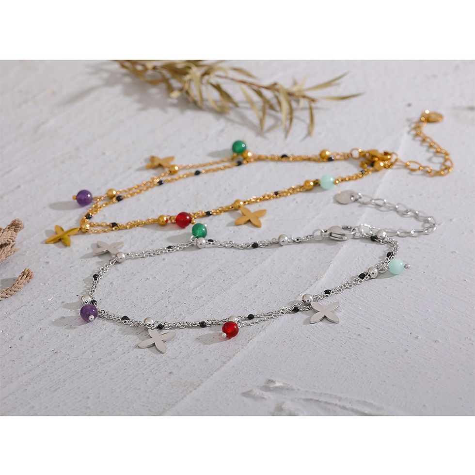 Thumbnail: Natural Stone Bead Flower Chain Stainless Steel Beach Anklet