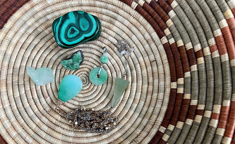 Apophyllite, chrysoprase, tsavorite, malachite, jade, and aventurine
