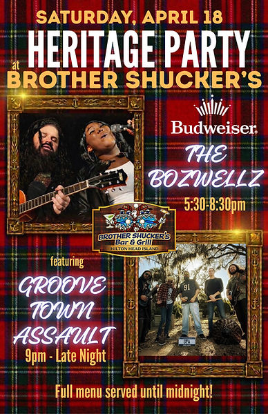 2026 RBC Heritage Week at Brother Shucker's - April 18, 2026 Saturday Heritage Bash - Live Music with The Bozwellz & Groove Town Assault - Hilton Head events, live music, parties, dining, happy hours, late night food, trivia and more.
