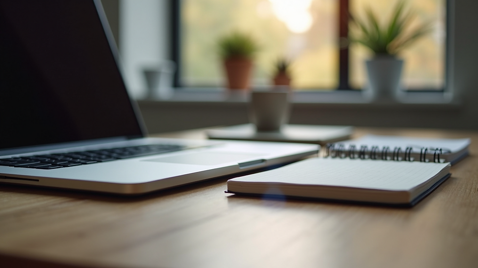 Eye-level view of a modern workspace with a laptop and notebook on a wooden desk