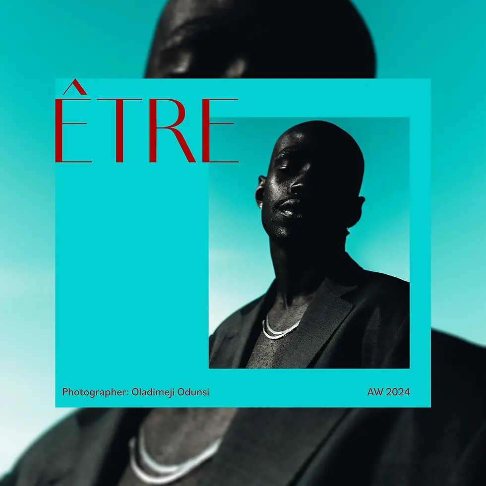 Vibrant poster with a carefree black male model on a blue background. The word 'être' adds a touch of positivity and energy.