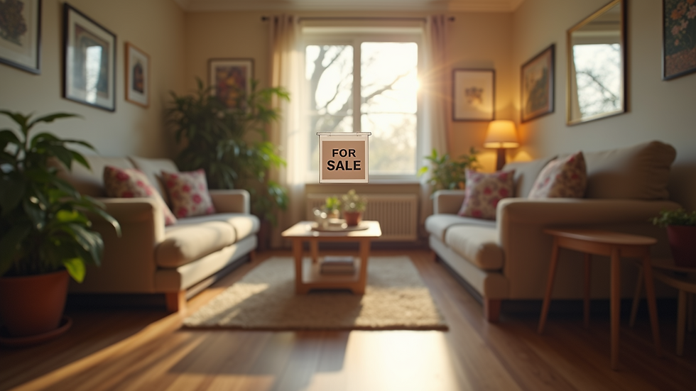 Eye-level view of a cozy living room with a "For Sale" sign