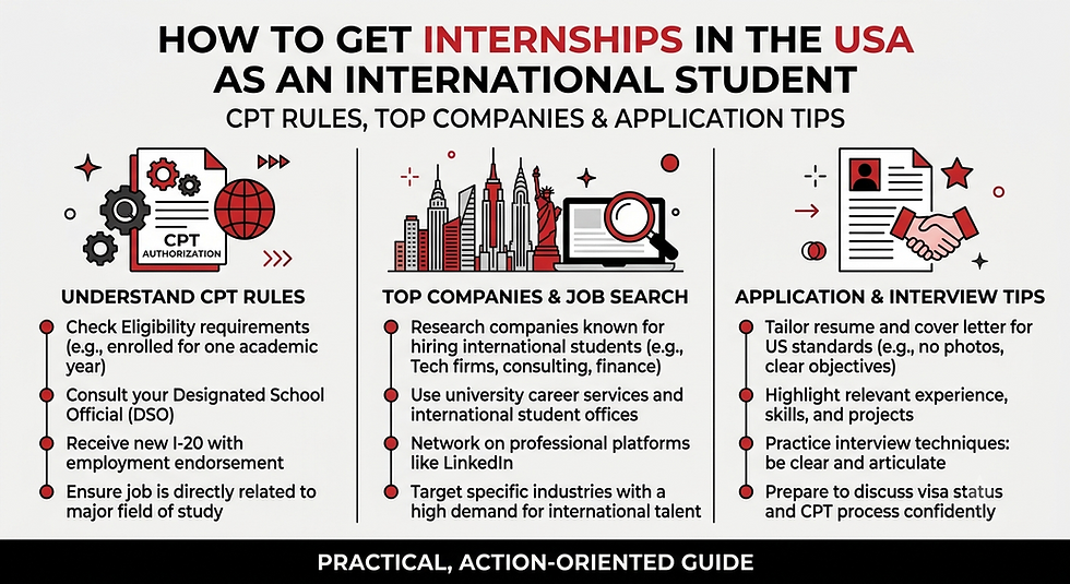 Infographic on how to get internships in the USA for international students, with CPT rules, job search, and interview tips.