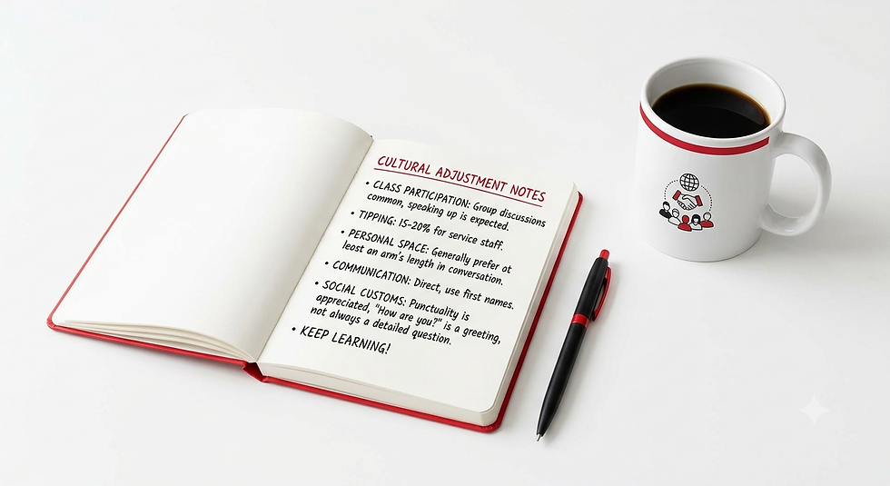 Open notebook with Cultural Adjustment Notes, pen, and coffee mug on a white desk.
