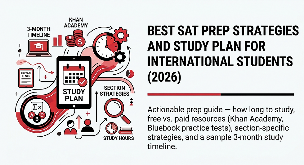 Infographic titled Best SAT Prep Strategies and Study Plan for International Students (2026), with timeline, books, and clock icons.