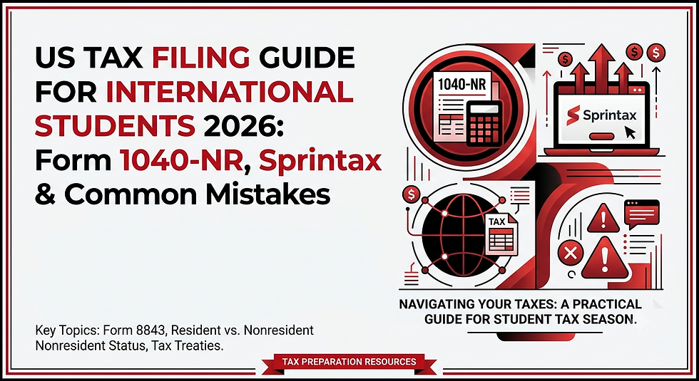 Poster about US tax filing guide for international students 2026, with 1040-NR, Sprintax, warning icons, and tax graphics.
