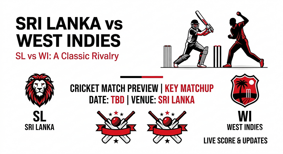 Cricket promo for Sri Lanka vs West Indies with team logos, batter and bowler icons, and text: Cricket Match Preview, Date TBD.