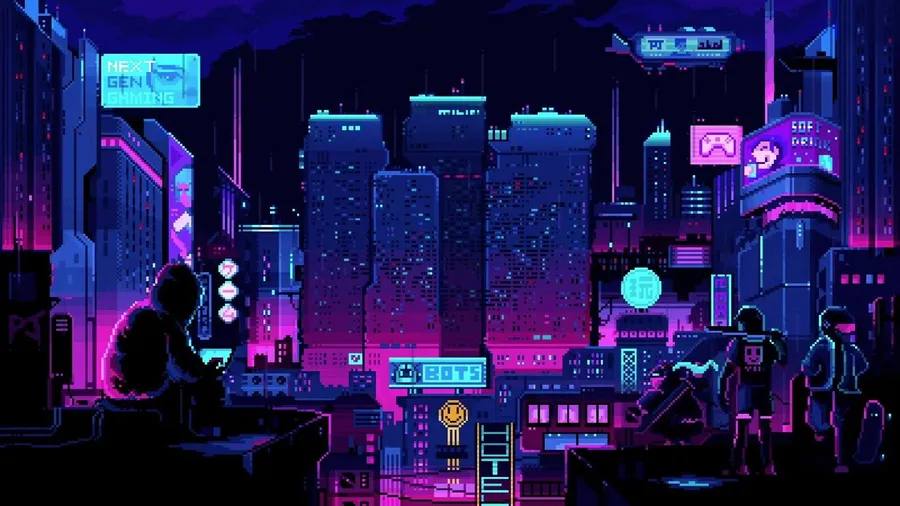 A cyberpunk cityscape at night