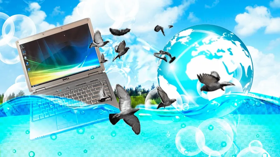 Frutiger Aero background screen featuring water and a laptop with birds and an island