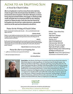 Promotional and media resources for Chuck Collins' debut novel, Altar to an Erupting Sun