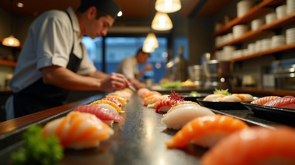 Eye-level view of a sushi bar with a chef serving nigiri to a diner