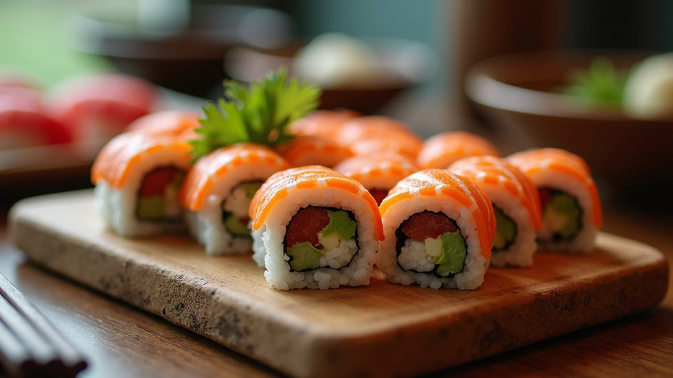 Close-up view of assorted sushi rolls on a wooden platter