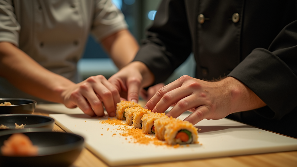 High angle view of a chef preparing hand rolls at KazuNori