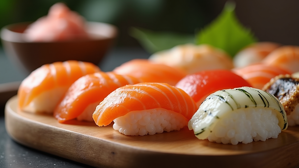 Close-up view of assorted nigiri sushi on a wooden platter