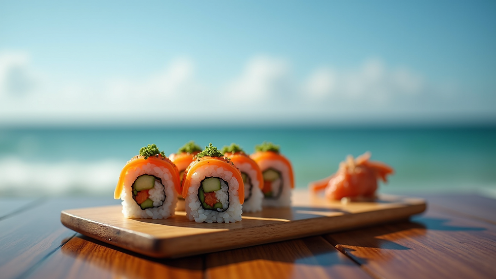 Eye-level view of sushi rolls on a wooden board with ocean in the background