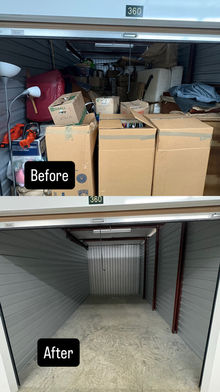 Before and after of a storage unit being cleaned.