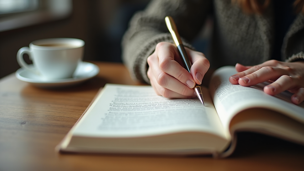 Close-up view of a person writing in a journal with a cup of tea nearby