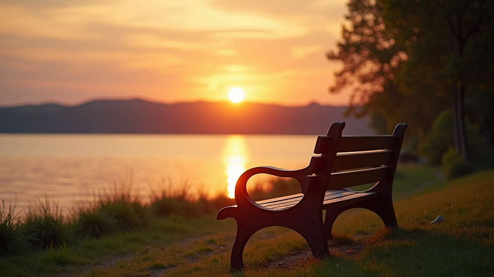 Eye-level view of a peaceful lakeside bench at sunset