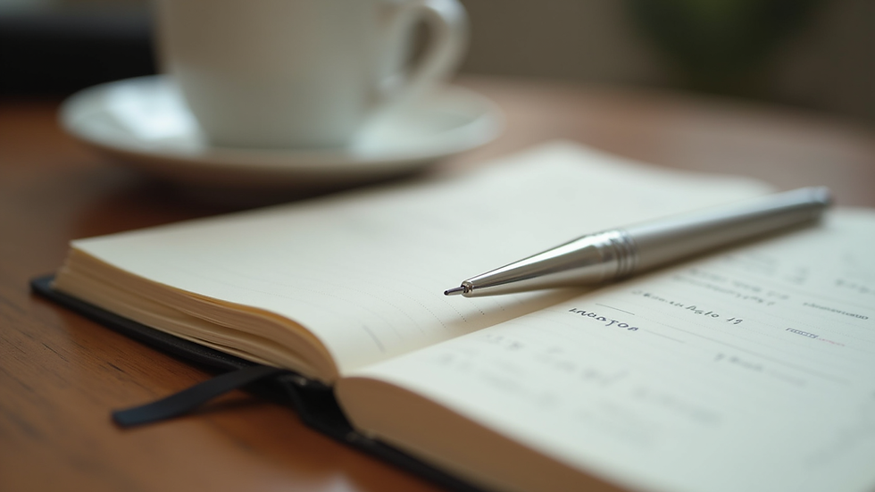 Close-up view of a journal and pen on a wooden table, symbolizing self-care and reflection