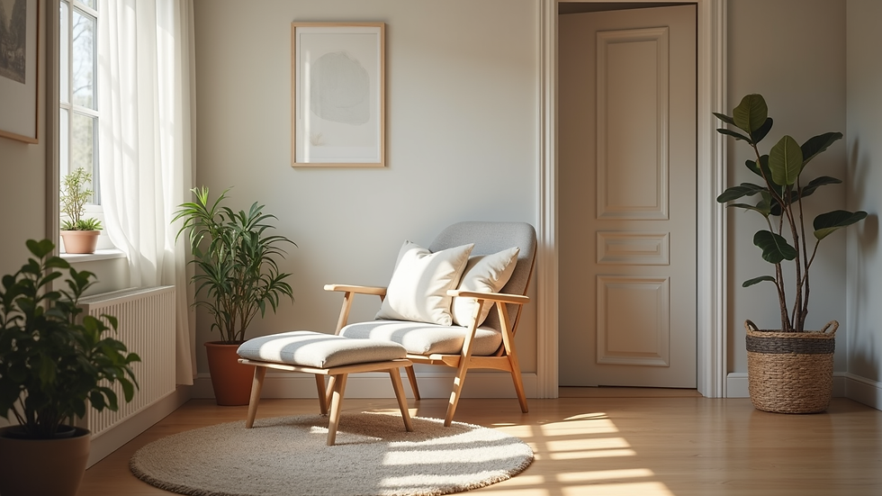 Eye-level view of a cozy counseling office with a comfortable chair and soft cushions
