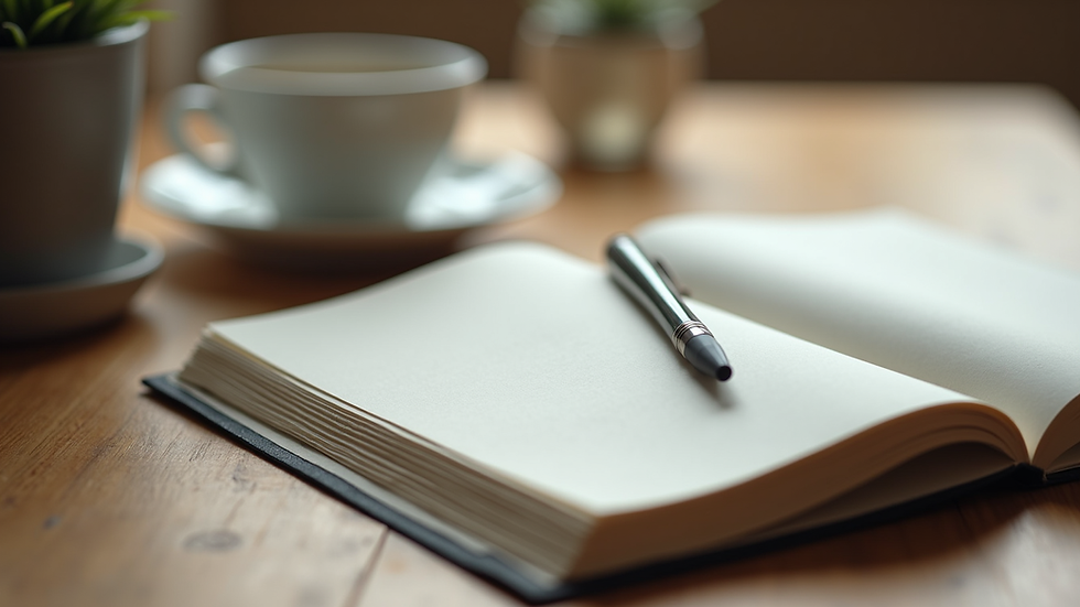 Close-up view of a journal and pen on a wooden table, symbolizing reflection and self-care