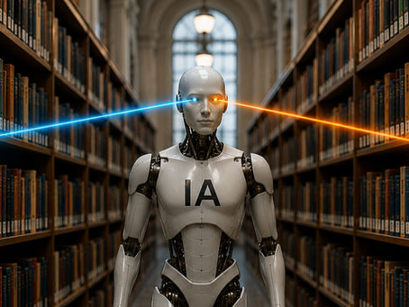 An AI bot scanning the library holdings; un robot basado en IA escaneando los fondos de una biblioteca