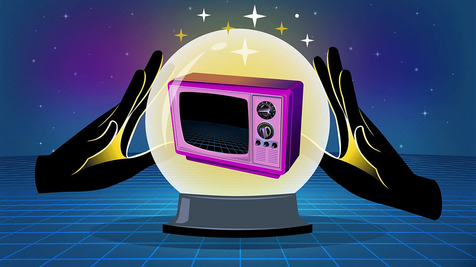 Uma ilustração futurista com duas mãos pretas e douradas segurando uma grande bola de cristal transparente. Dentro da bola, há uma televisão roxa retrô, com botões de volume e um alto-falante. A TV está flutuando sobre uma grade azul que se estende ao fundo, criando uma ilusão de profundidade. No espaço atrás da bola, há estrelas douradas e brancas. O fundo é um céu estrelado que vai de roxo escuro a azul escuro.